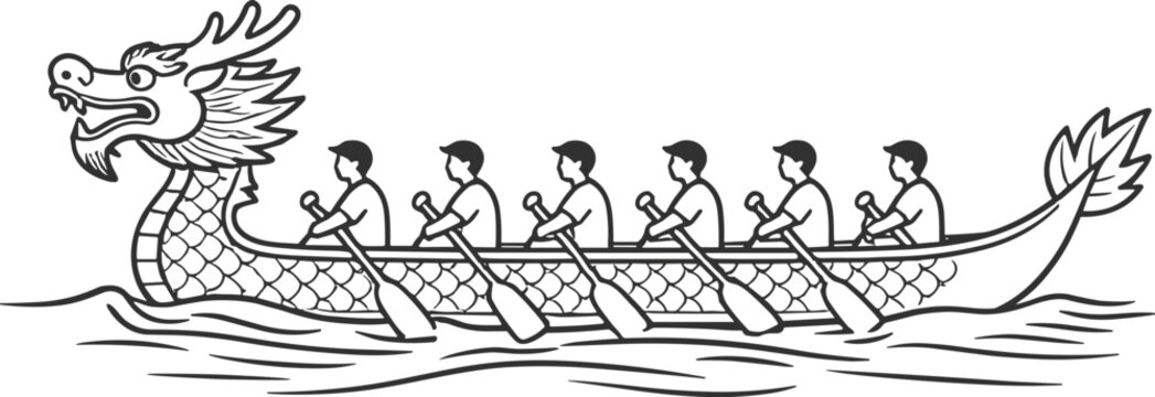 Black and white line of a dragon boat with six rowers