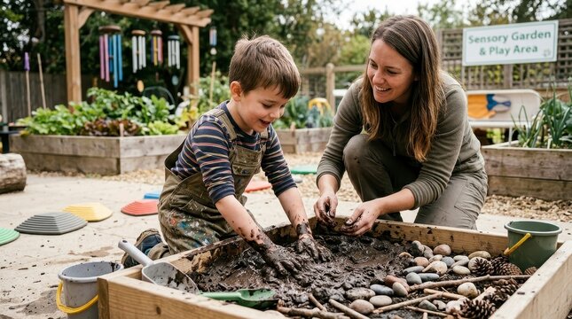 Young Boy and Teacher Gardening Together in Outdoor Classroom.