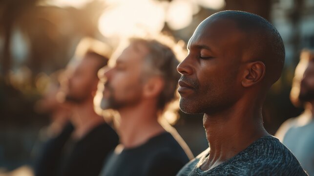 Men group meditating mindfulness practice outdoors in nature. Male wellness emotional balance for male well being and emotional balance modern masculinity men day mental health self care stress relief