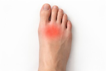 Obraz premium Close-up view of a human foot showing red swelling on the big toe, suggesting inflammation or gout, with a clean white background