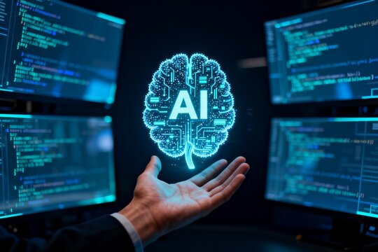 Hand holding digital AI brain with code screens