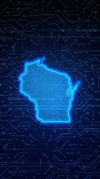 4K Resolution, Wisconsin State (USA) Digital Electric Futuristic Technology Map, Suitable for Tech events, USA Elections, Science, Politics, July 4th and Memorial Day
