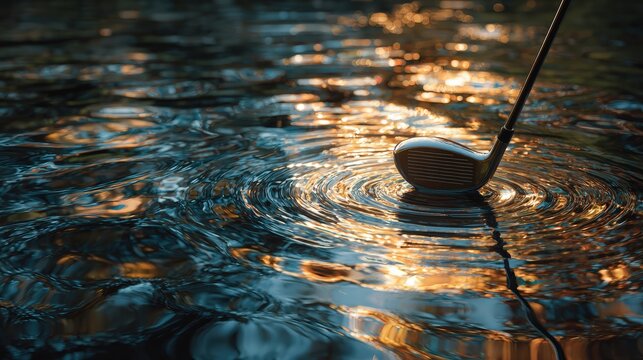 Golf club creating concentric ripples in water hazard with reflection visible, risk and consequences. Penalty mistake challenge outcome and strategic decision making lesson from error setback.