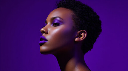 side view portrait of black woman with purple makeup, elegant african american beauty profile in purple, fashionable black woman with violet makeup portrait