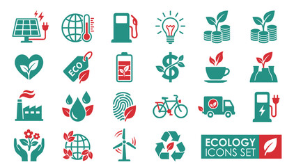 Ecology and green economy flat icon set. Solar panel, global warming thermometer, eco price tag, money growth coins, electric charging station, recycling loop, wind turbine and green transport truck. © Creative Studio 