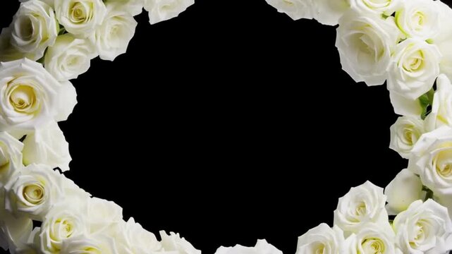 黒背景を美しい白いバラの花々が囲む中央に写真や文字を配置できる楕円形のフラワーフレーム動画