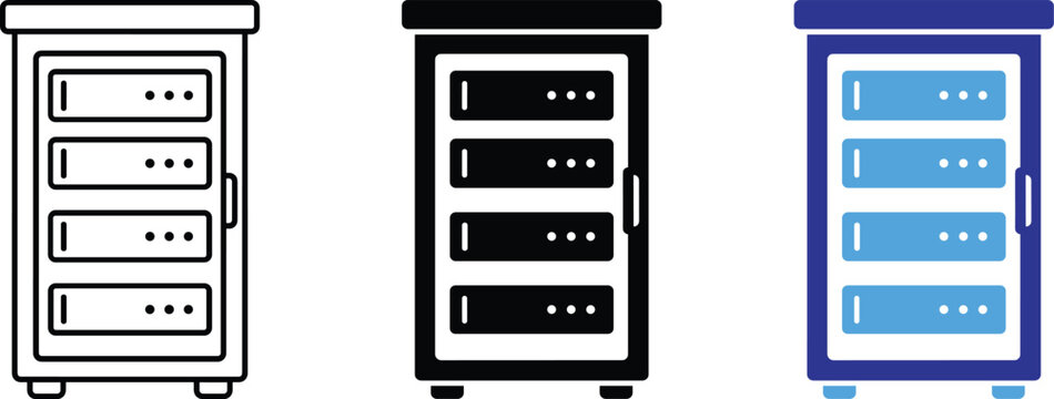 Data center server rack mainframe computer network storage vector icons illustration.
