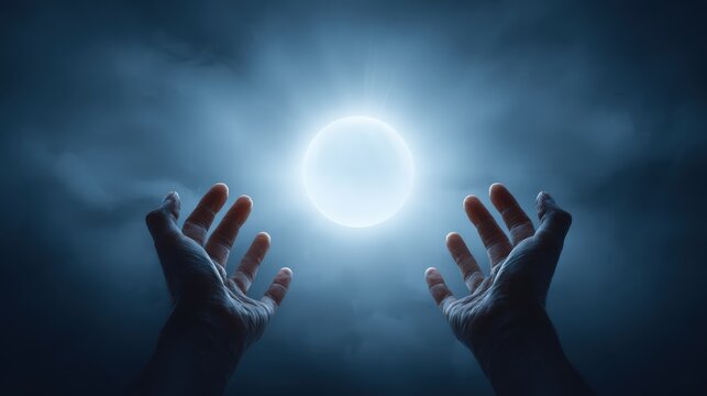 Pair of hands reaching out towards glowing perfect sphere in air symbolizing compelling urge and motivation to obtain product, psychological appeal. Compelling offer and desire longing fulfillment.