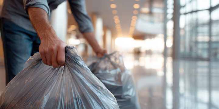 Professional janitor replacing full trash bags in a modern commercial building.