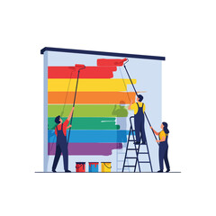 People painting a large rainbow mural on a city wall © Dawnside Graphic