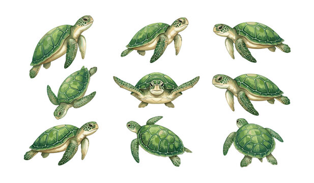 Sea turtle vector wildlife illustration set. Green turtles swimming, flippers, textured shells, marine reptile and ocean fauna elements.