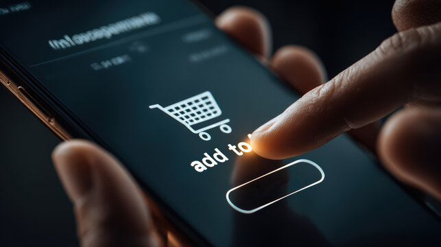Close-up hand clicking add to basket button on mobile ecommerce website interface perfect for mobile shopping online retail conversion consumer purchasing and digital commerce technology concept.