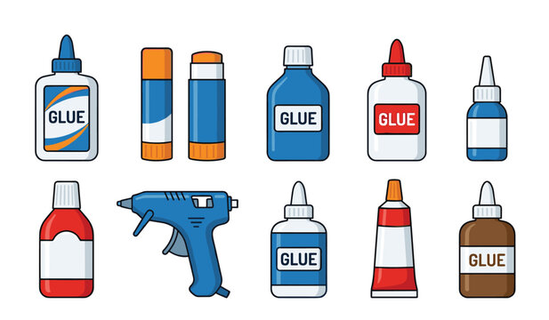 Stationery glue vector office adhesive illustration set. Liquid glue bottles, glue sticks, hot melt glue gun, squeeze tubes, school craft supplies and industrial bonding agent graphics.