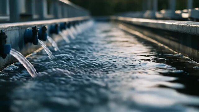 Processed water flowing from blue pipes into a concrete channel at a modern treatment facility, essential for urban infrastructure and environmental sustainability