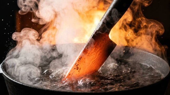 Dramatic close up hot knife blade in forge fire with intense flames and sparks blacksmith art