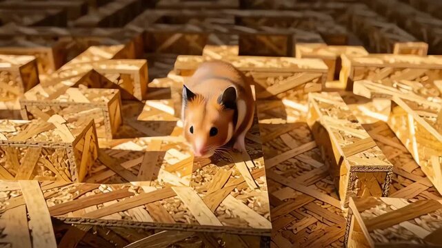 Hamster navigating a complex wooden maze in bright sunlight