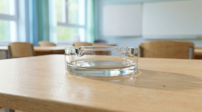 Empty ashtray on classroom desk, smoke-free school environment