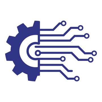 Blue gear with circuit board lines and dots technology symbol icon
