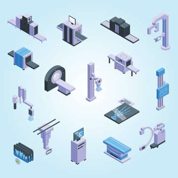 X-ray examination icons set isometric vector. Hospital room pneumonia orthopedic lungs feet part disease phalanges tarsal podiatry scientific