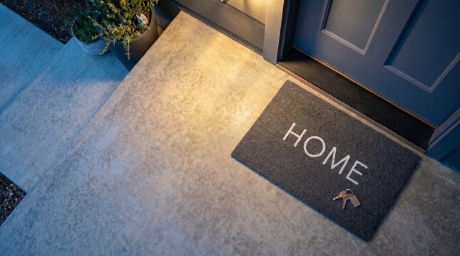 House keys on "HOME" doormat at the entrance of a modern residence.