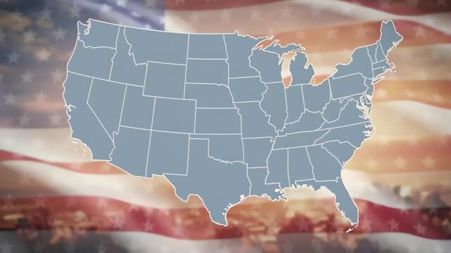 United States map overlay on American flag background