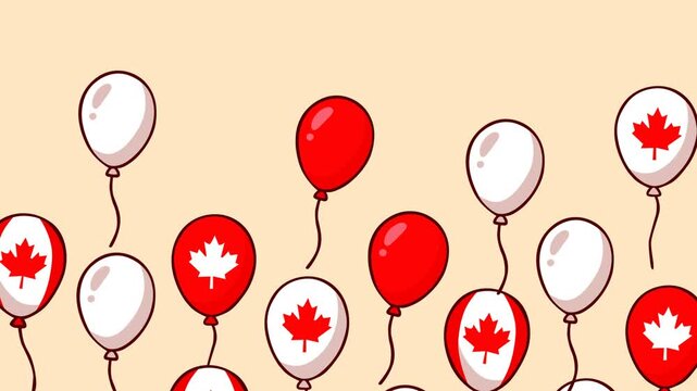 Animated footage featuring floating red and white balloons with Canadian maple leaf symbols, celebrating Canada Day, national pride, patriotism, festive events, and holiday spirit.