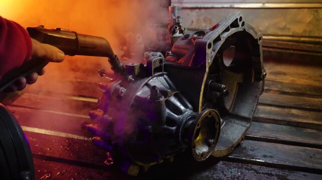 cleaning and washing with a steam cleaner of an old manual transmission from a front-wheel drive car for repair evening video shooting with red and purple lighting