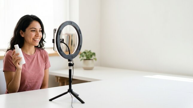 Hispanic woman influencer recording beauty review with ring light in bright office.