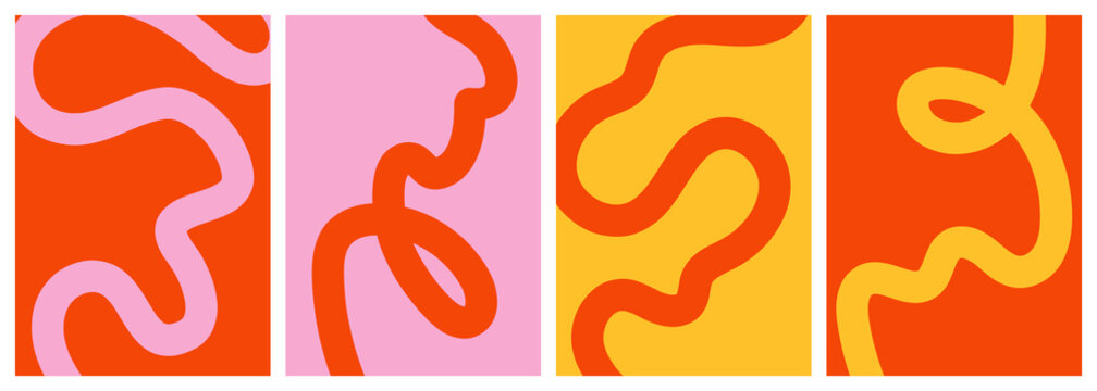 A modern, bright, trendy and colorful set of vertical minimal posters or backgrounds with looped wavy thin lines in red, pink, and yellow; simple hand-drawn vector illustration in a flat style