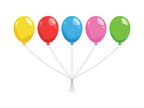 Colorful balloon vector celebration illustration set. Yellow, red, blue, pink and green helium balloons bunch tied with strings, birthday party surprise, anniversary festival event decorations.