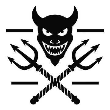 Devil head with horns and trident crossed isolated on transparent background icon