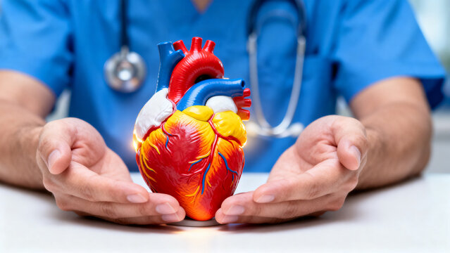 A doctor in blue scrubs holds a human heart model.