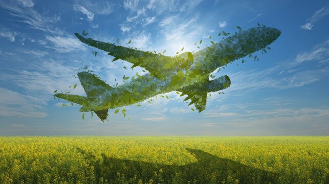Commercial jet silhouette overlaid with fields of thriving biofuel crops and clear blue skies perfect for promoting sustainable aviation fuel and future travel concept for green environmental flight.