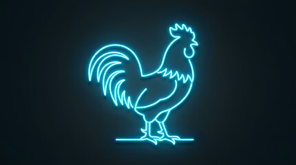 Fototapeta premium Bright blue neon outline of a rooster standing with illustration isolated background minimalist