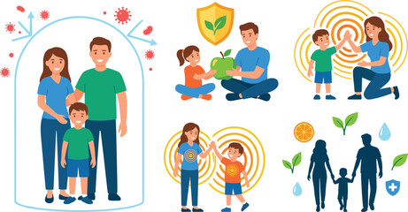 Fototapeta premium Family Health Protection Collection Featuring Immune Defense Healthy Lifestyle Child Care and Wellness Prevention Vector Illustration Set