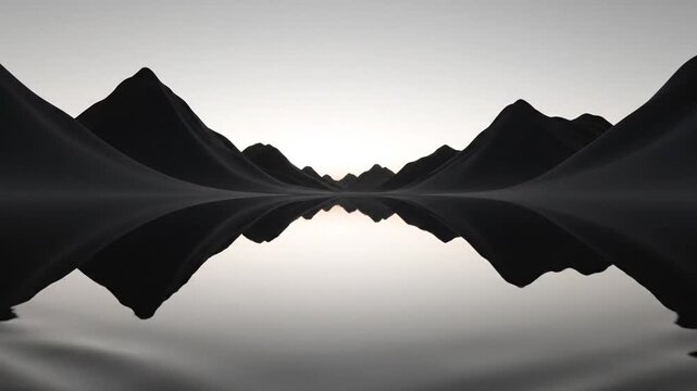 Minimalist black mountains reflecting in calm water at dawn