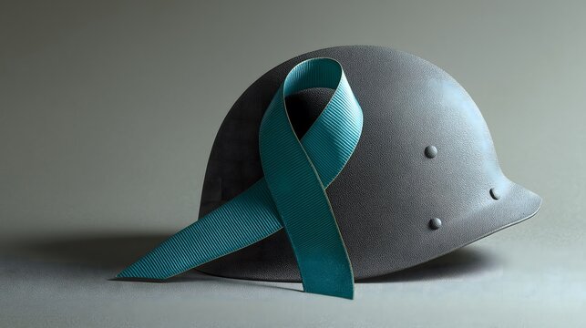 A paper cut military helmet with a teal ribbon resting on it. Symbol of veteran PTSD, combat stress awareness, military mental health support, and honoring soldiers with post traumatic stress disorder