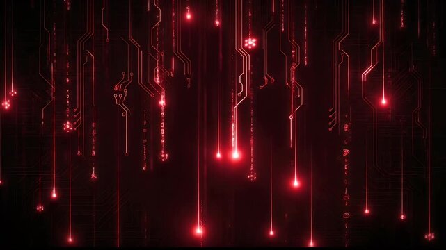Glowing red digital rain with falling light data streams on dark technology circuit background