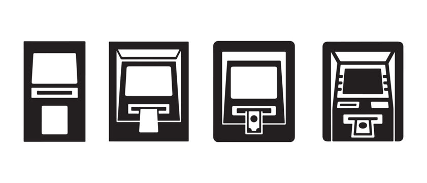 Set of black and white icons showing different types of automated teller machine atm for banking and financial services.