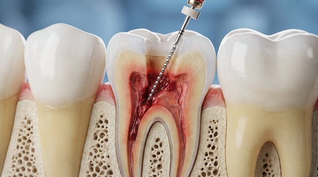 Dental anatomy concept featuring a root canal procedure on a diseased molar tooth.