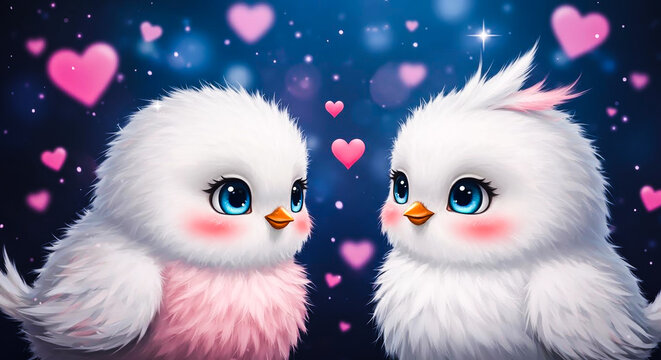 Sweet fluffy owlets or chicks with blue eyes and rosy cheeks surrounded by floating hearts.