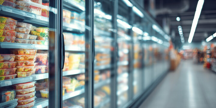 Modern Supermarket Frozen Food Section with Glass Refrigerators