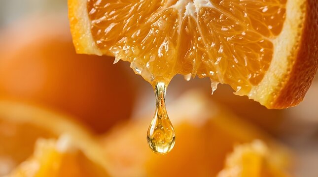 Fresh mandarin orange slice with dropping juice close up citrus detail