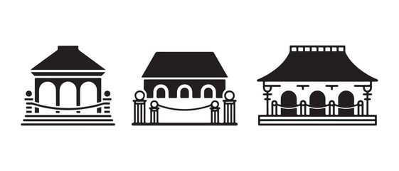 Naklejka premium Set of three classic gazebo structures and garden pavilion icons in black.