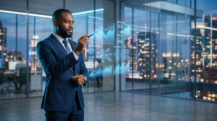 Fototapeta premium Modern businessman working with futuristic AI holographic dashboard in modern office