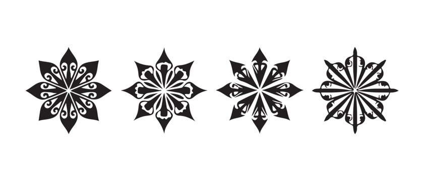 Set of four black floral star symbols and decorative geometric snowflake icons in a flat graphic style.