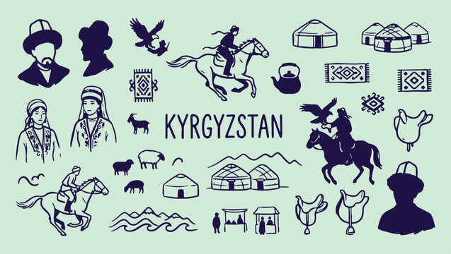 Kyrgyzstan travel heritage doodle, traditional nomadic lifestyle sketch, minimalist central asian art, clean regional illustration, premium national lifestyle design, iconic folk symbols, isolated eth