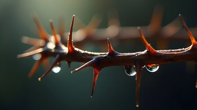 A close up view of a thorny branch with dew drops sparkling in the warm light of early morning sun.