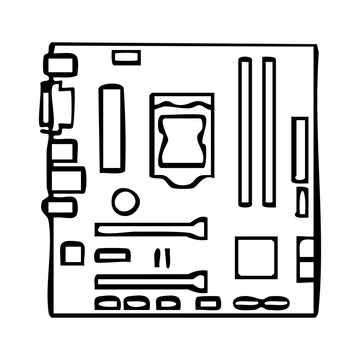Computer Motherboard Mainboard Circuit Vector Illustration, System Board with CPU Socket and RAM Slots Doodle Clipart