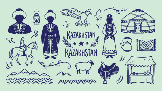 Kazakhstan travel culture sketch, traditional nomadic heritage art, minimalist central asian illustration, clean steppes travel vector, premium national lifestyle design, iconic folk symbols, isolated